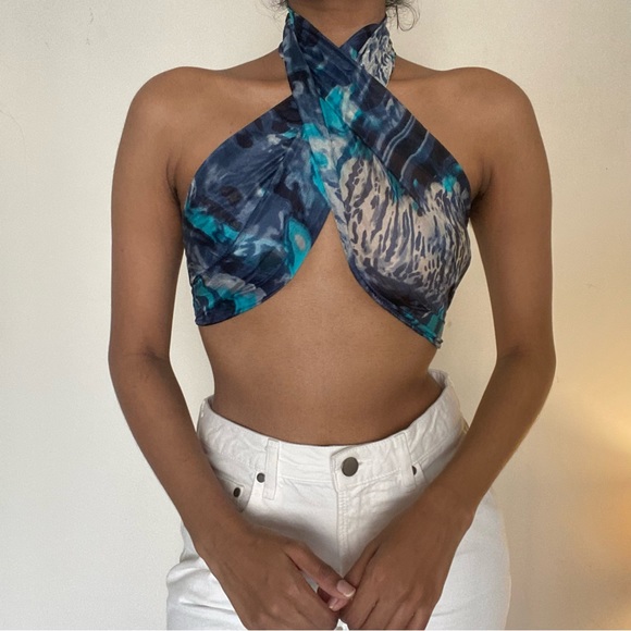 Zara Tops - Zara Marbled Blue print silk scarf can be used as scarf or top.